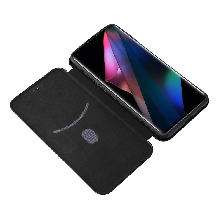 Custodia in pelle con texture in fibra di carbonio, con portacarte e cinturino ad anello per Oppo Find X3/Find X3 Pro - Nero