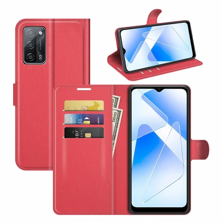 Litchi Skin Magnetic Leather Stand Case for Oppo A55 5G - Red