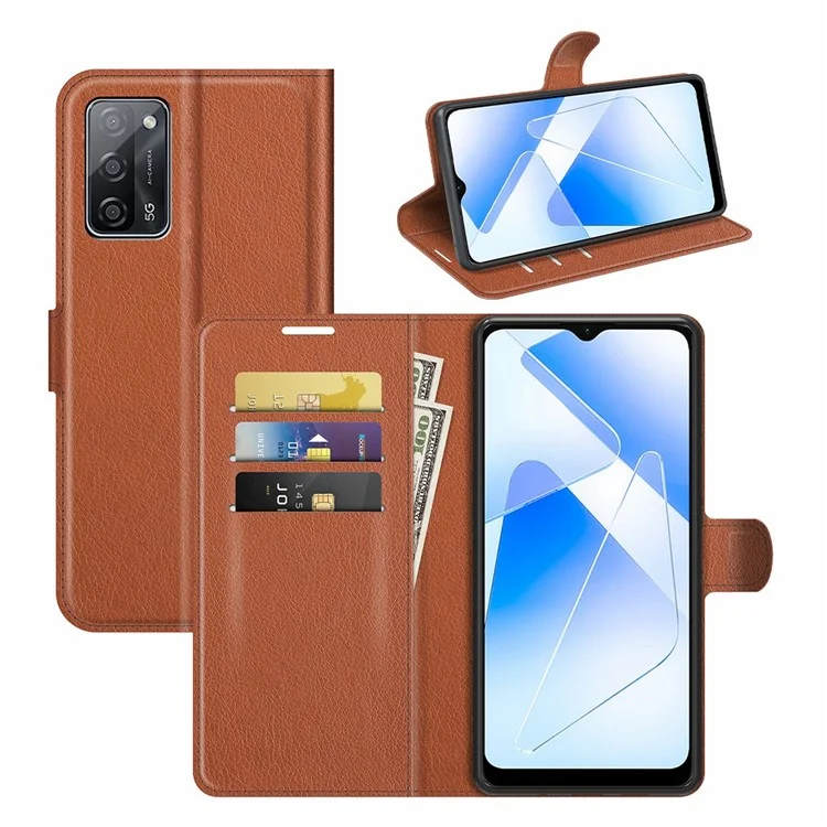 Litchi Skin Magnetic Leder Stand Hülle Für Oppo A55 5G - Braun