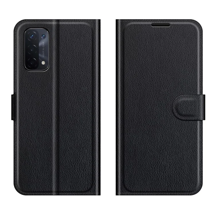 Folio Flip Litchi Textur Leder Brieftasche Handyhülle mit Ständer für OPPO A54 5G/A93 5G/A74 5G/OnePlus Nord N200 5G - Schwarz
