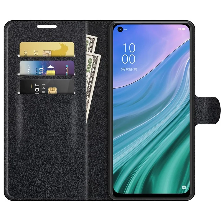 Folio Flip Litchi Textur Leder Brieftasche Handyhülle mit Ständer für OPPO A54 5G/A93 5G/A74 5G/OnePlus Nord N200 5G - Schwarz