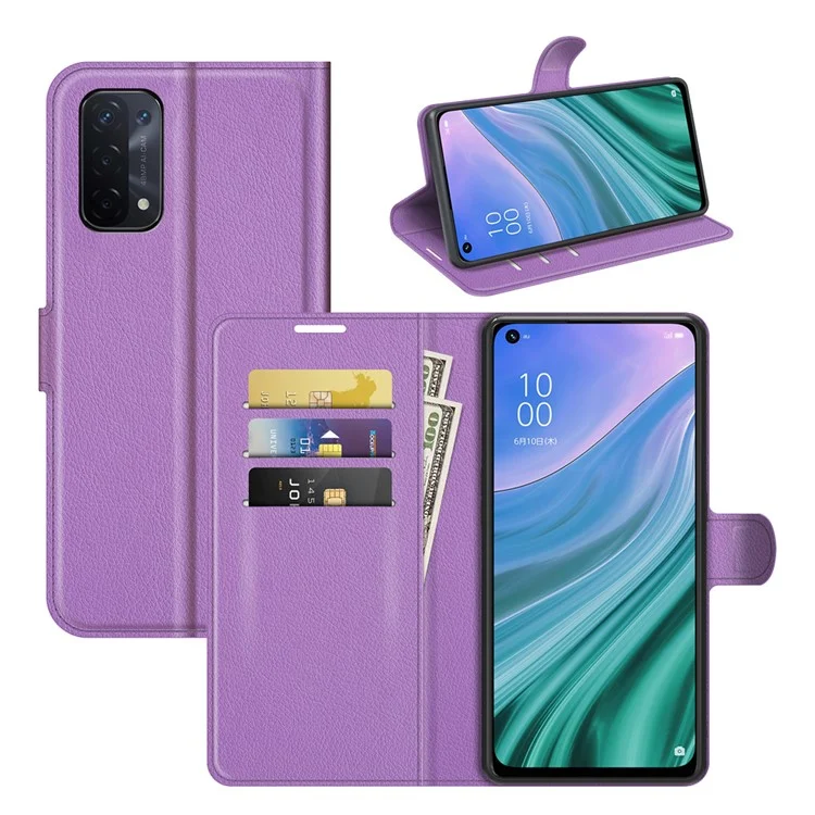 Folio Flip Litchi Texture Leather Wallet Phone Case with Stand for OPPO A54 5G/A93 5G/A74 5G/OnePlus Nord N200 5G - Purple
