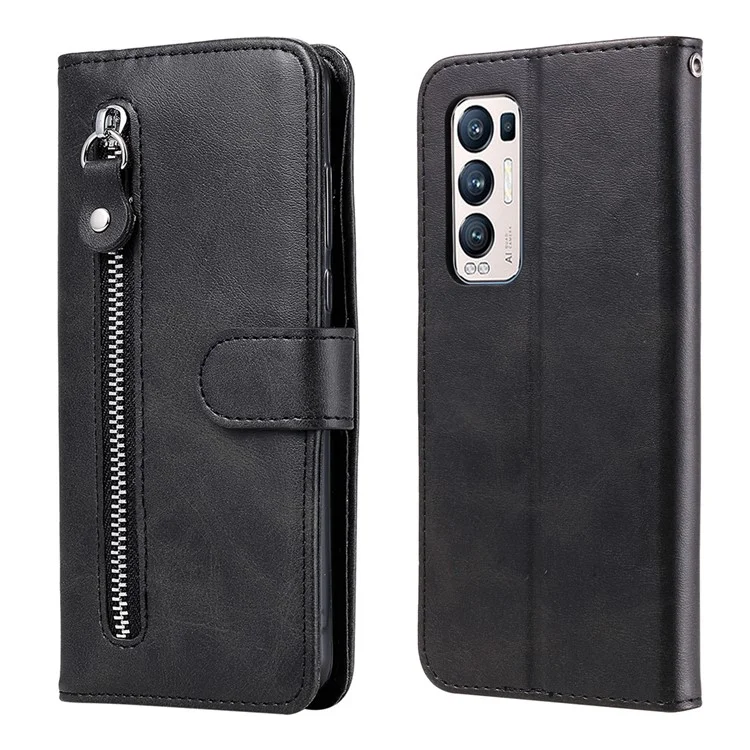 Funda de billetera de piel con cremallera y protección completa para el teléfono Oppo Reno5 Pro+ 5G/Find X3 Neo - Negro