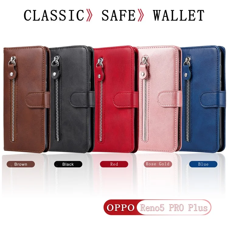 Funda de billetera de piel con cremallera y protección completa para el teléfono Oppo Reno5 Pro+ 5G/Find X3 Neo - Negro