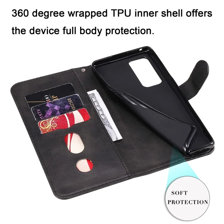 Funda de billetera de piel con cremallera y protección completa para el teléfono Oppo Reno5 Pro+ 5G/Find X3 Neo - Negro