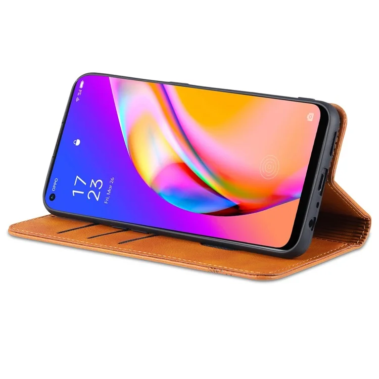 AZNS Auto-absorbed Magnetic Stand Wallet Design Leather Phone Cover Case for Oppo A94/F19 Pro/Reno5 Lite - Brown