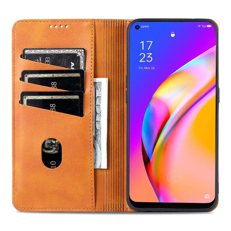 AZNS Auto-absorbed Magnetic Stand Wallet Design Leather Phone Cover Case for Oppo A94/F19 Pro/Reno5 Lite - Brown
