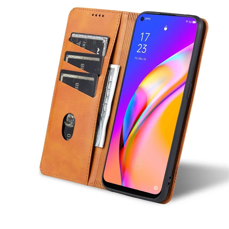 AZNS Auto-absorbed Magnetic Stand Wallet Design Leather Phone Cover Case for Oppo A94/F19 Pro/Reno5 Lite - Brown