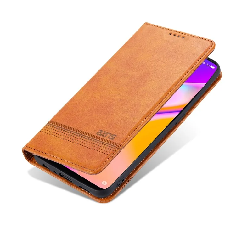 AZNS Auto-absorbed Magnetic Stand Wallet Design Leather Phone Cover Case for Oppo A94/F19 Pro/Reno5 Lite - Brown