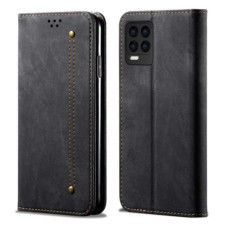 Jeans Cloth Texture Leather Wallet Stand Case for Realme 8/8 Pro - Black