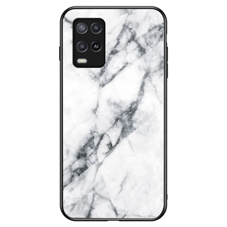 Well-Protected Marbling Pattern Design Anti-Scratch Tempered Glass Cell Phone Cover for Oppo A54 4G - White Marble