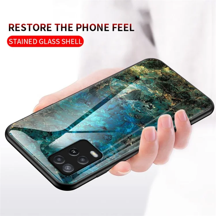 Well-Protected Marbling Pattern Design Anti-Scratch Tempered Glass Cell Phone Cover for Oppo A54 4G - White Marble