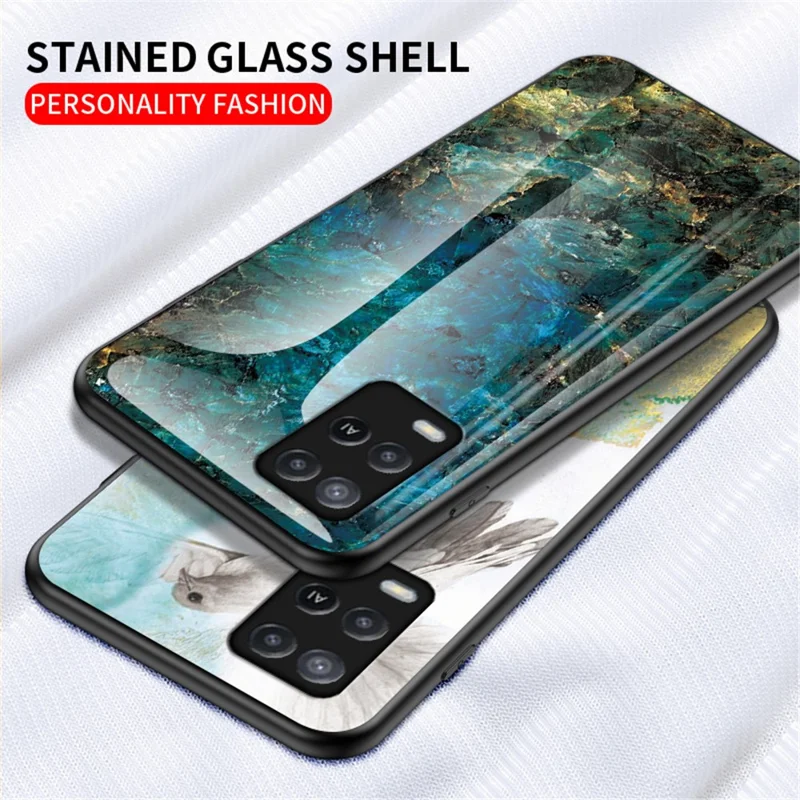 Well-Protected Marbling Pattern Design Anti-Scratch Tempered Glass Cell Phone Cover for Oppo A54 4G - Blood Red Marble