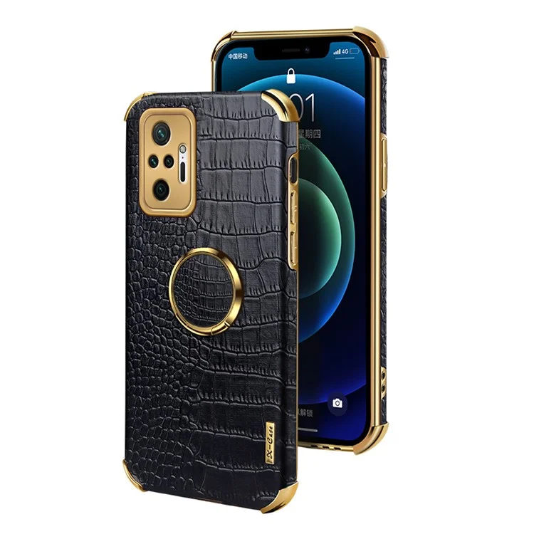 Electroplating Design Crocodile Texture PU Leather Coated TPU Precise Cutout Case Cover with Ring Holder for Xiaomi Redmi Note 10 Pro - Black