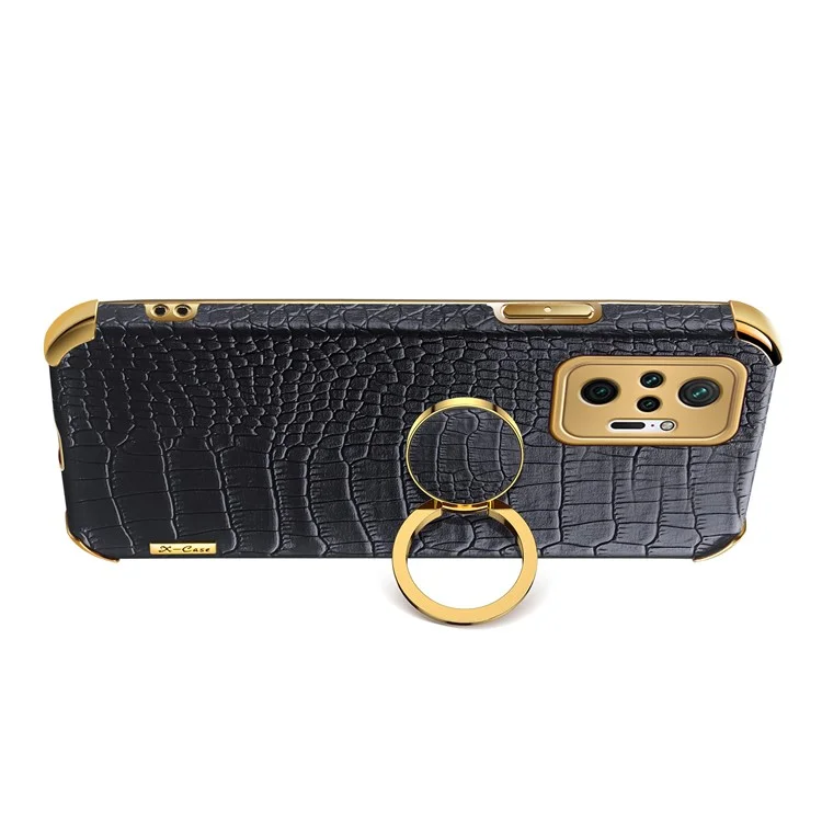 Electroplating Design Crocodile Texture PU Leather Coated TPU Precise Cutout Case Cover with Ring Holder for Xiaomi Redmi Note 10 Pro - Black