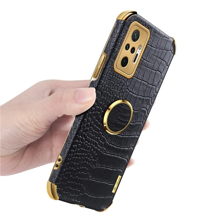 Electroplating Design Crocodile Texture PU Leather Coated TPU Precise Cutout Case Cover with Ring Holder for Xiaomi Redmi Note 10 Pro - Black