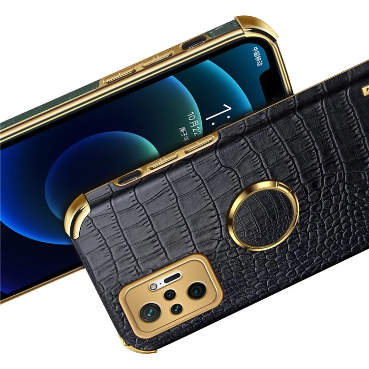 Electroplating Design Crocodile Texture PU Leather Coated TPU Precise Cutout Case Cover with Ring Holder for Xiaomi Redmi Note 10 Pro - Black