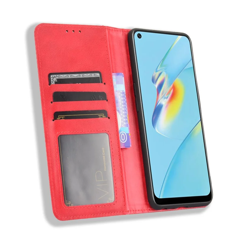 Magnetic Closure Vintage Style Phone Case Wallet Stand Leather Cover for Oppo A54 4G - Red