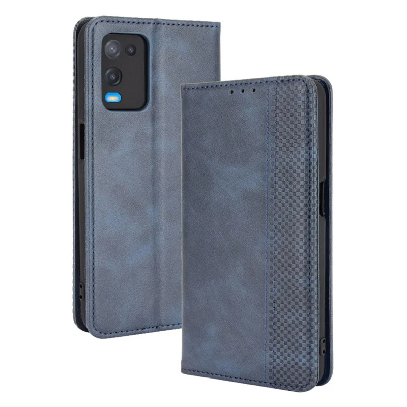 Magnetic Closure Vintage Style Phone Case Wallet Stand Leather Cover for Oppo A54 4G - Blue