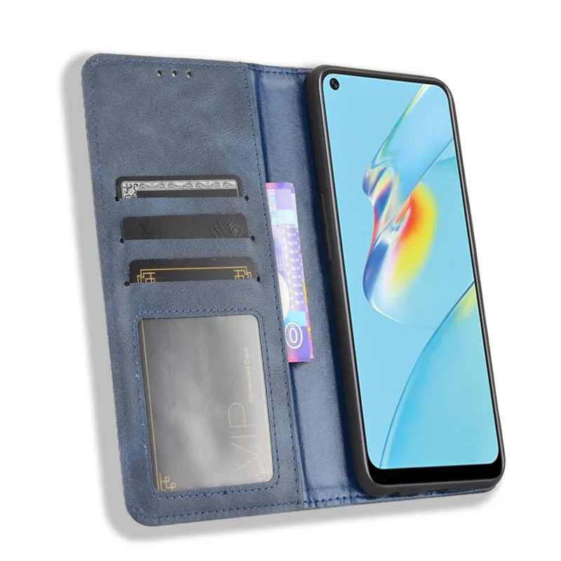 Magnetic Closure Vintage Style Phone Case Wallet Stand Leather Cover for Oppo A54 4G - Blue