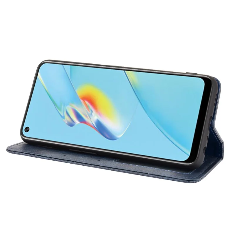 Magnetic Closure Vintage Style Phone Case Wallet Stand Leather Cover for Oppo A54 4G - Blue