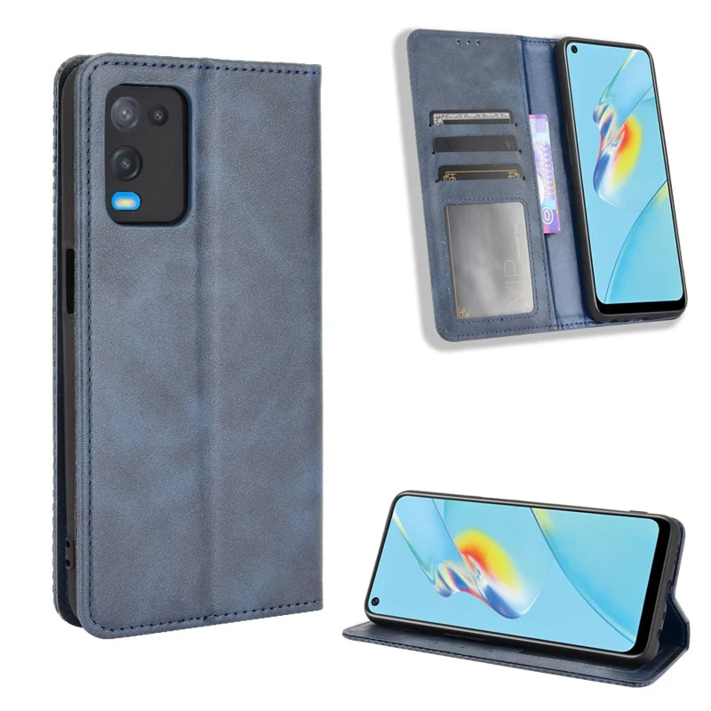 Magnetic Closure Vintage Style Phone Case Wallet Stand Leather Cover for Oppo A54 4G - Blue
