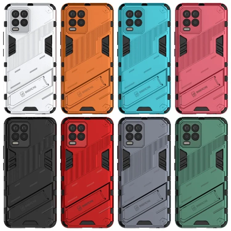Étui de protection hybride pour téléphone portable Realme 8 avec support pliable en PC + TPU antichoc - Noir