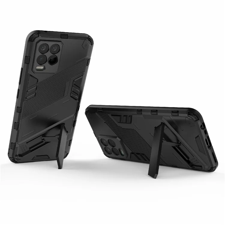 Étui de protection hybride pour téléphone portable Realme 8 avec support pliable en PC + TPU antichoc - Noir