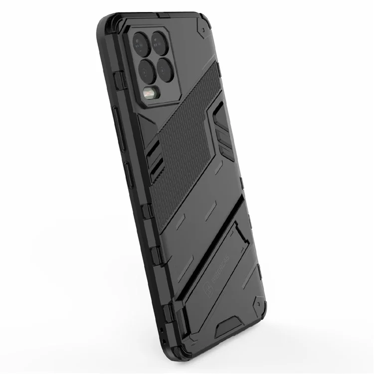 Étui de protection hybride pour téléphone portable Realme 8 avec support pliable en PC + TPU antichoc - Noir