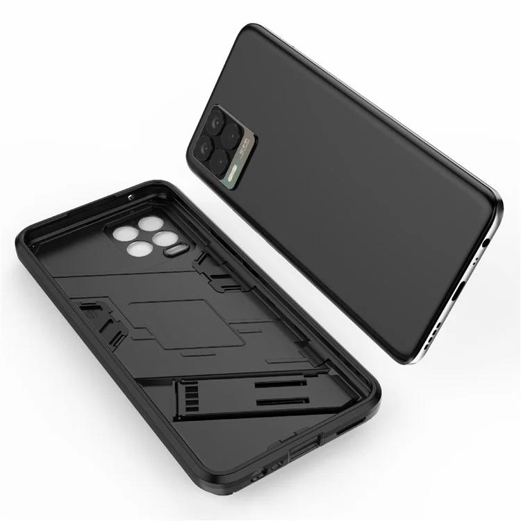 Étui de protection hybride pour téléphone portable Realme 8 avec support pliable en PC + TPU antichoc - Noir