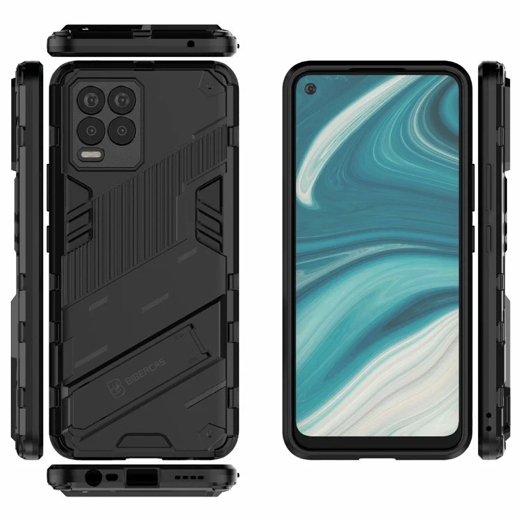 Étui de protection hybride pour téléphone portable Realme 8 avec support pliable en PC + TPU antichoc - Noir