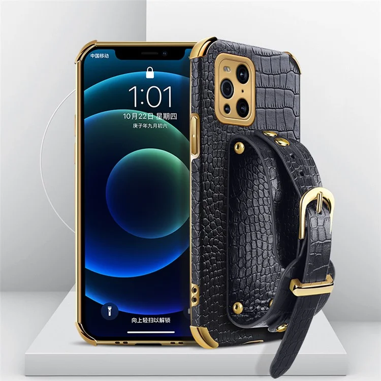 Cinturino per polso in pelle di coccodrillo 6D elettroplaccato TPU rivestito in pelle PU Custodia per telefono per Oppo Find X3/Find X3 Pro - Nero