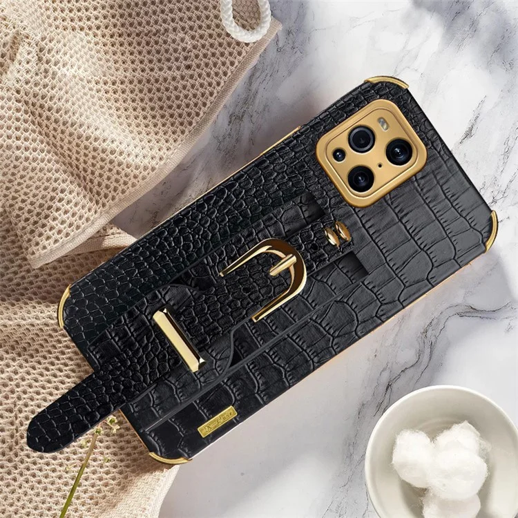 Cinturino per polso in pelle di coccodrillo 6D elettroplaccato TPU rivestito in pelle PU Custodia per telefono per Oppo Find X3/Find X3 Pro - Nero