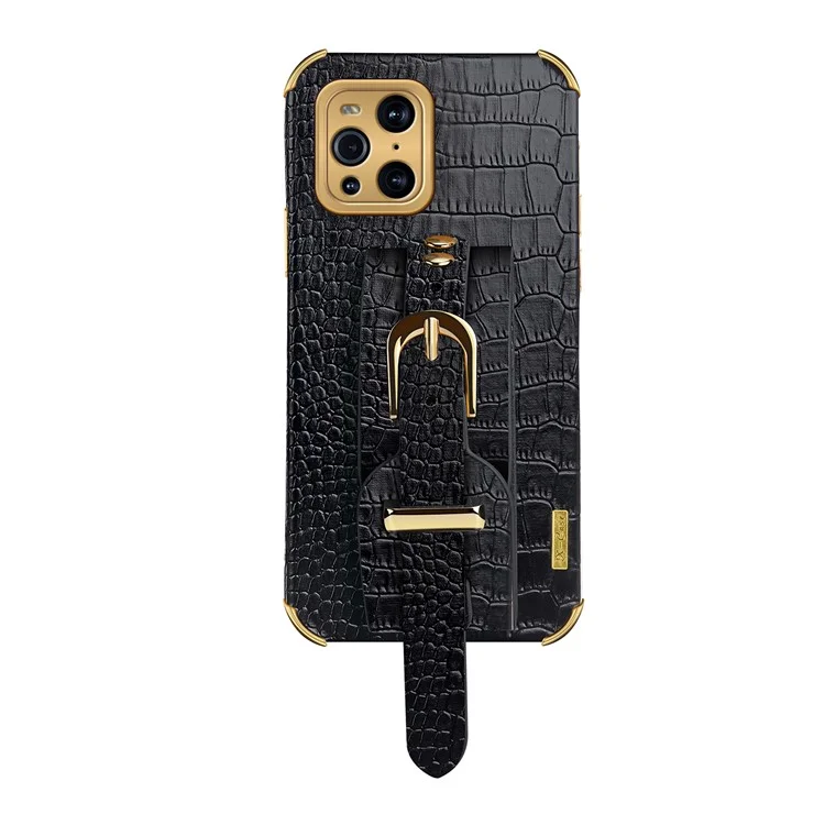 Cinturino per polso in pelle di coccodrillo 6D elettroplaccato TPU rivestito in pelle PU Custodia per telefono per Oppo Find X3/Find X3 Pro - Nero