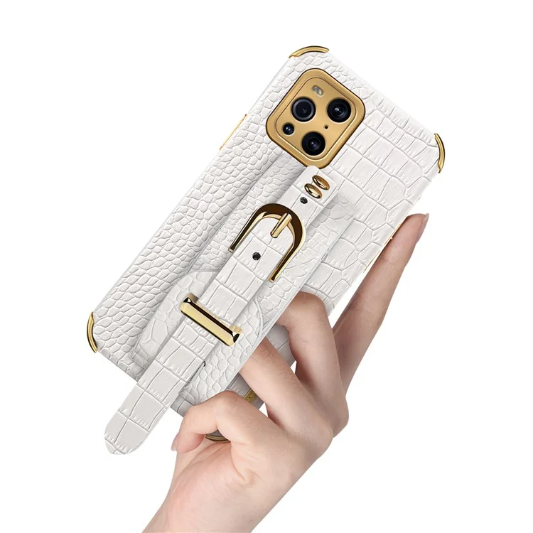 Cinturino per polso in pelle di coccodrillo 6D elettroplaccato TPU rivestito in pelle PU Custodia per telefono per Oppo Find X3/Find X3 Pro - Nero