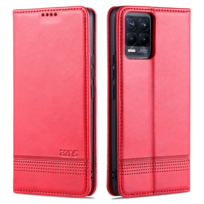 AZNS Auto-absorbed Magnetic Stand Wallet Case Leather Phone Shell for Realme 8/8 Pro - Red