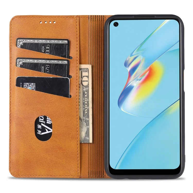 Funda de Cartera de Cuero Absorbida Automáticamente para Oppo A54 4G - Marrón