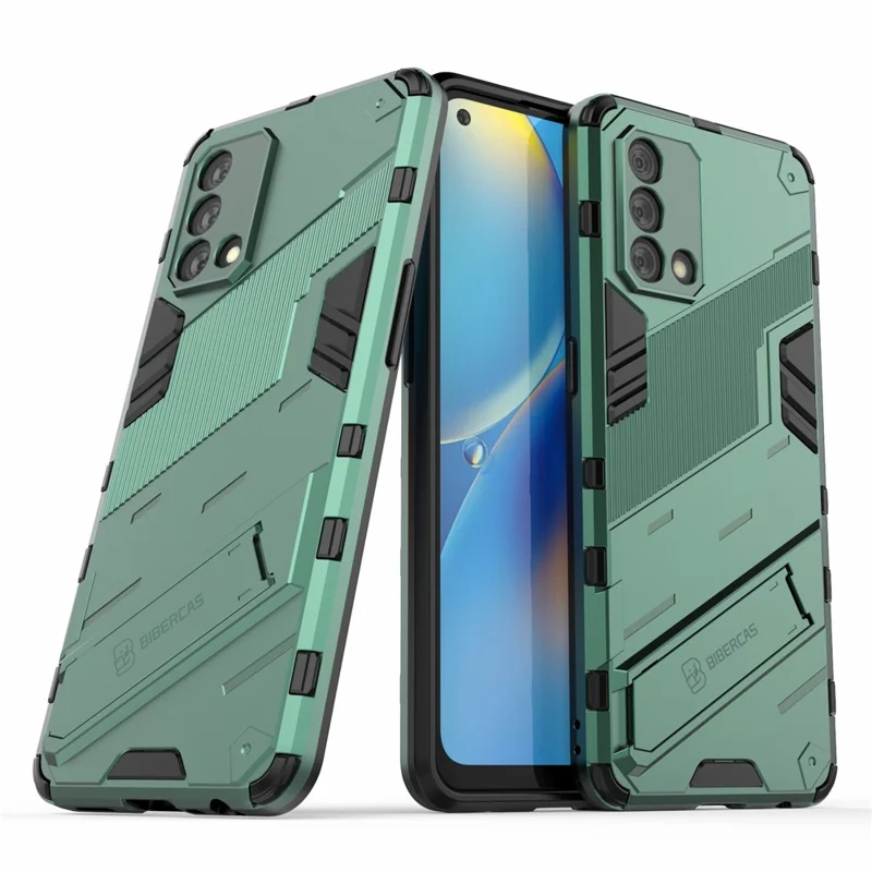 PC + TPU Shockproof Hybrid Phone Back Case Cover with Foldable Kickstand for Oppo A74 4G - Green