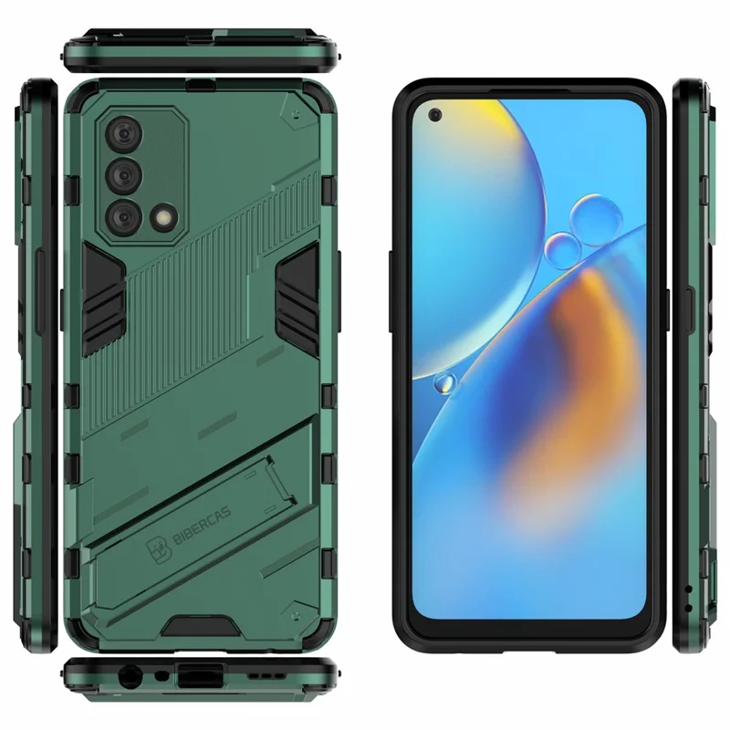PC + TPU Shockproof Hybrid Phone Back Case Cover with Foldable Kickstand for Oppo A74 4G - Green