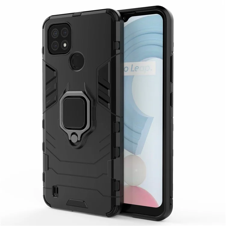 Diseño de Kickstand Cool Guard PC + TPU Híbrido Case de Portada Para Realme C21 - Negro