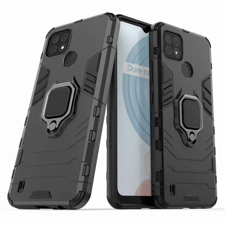 Diseño de Kickstand Cool Guard PC + TPU Híbrido Case de Portada Para Realme C21 - Negro