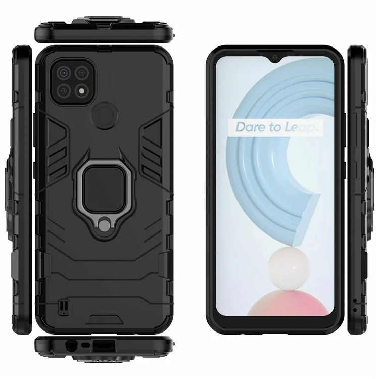 Diseño de Kickstand Cool Guard PC + TPU Híbrido Case de Portada Para Realme C21 - Negro