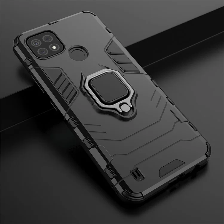 Diseño de Kickstand Cool Guard PC + TPU Híbrido Case de Portada Para Realme C21 - Negro