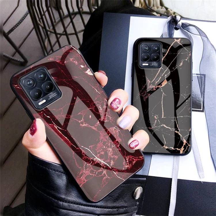 Marbling Pattern Tempered Glass Protective Case Back Cover for Realme 8/8 Pro - Blood Red Marble