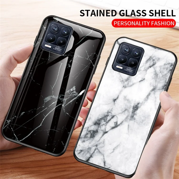 Marbling Pattern Tempered Glass Protective Case Back Cover for Realme 8/8 Pro - Black Marble