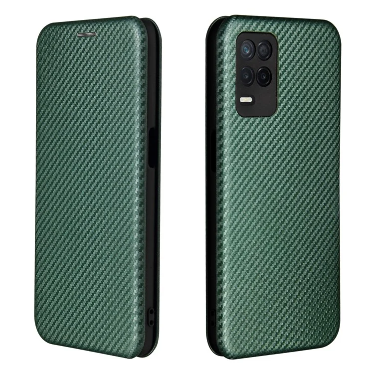 Auto-absorbed Carbon Fiber Leather Card Holder Case for Realme 8 5G/V13 5G/Narzo 30 5G/Q3i 5G/Q3 5G - Green