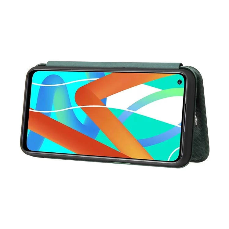 Auto-absorbed Carbon Fiber Leather Card Holder Case for Realme 8 5G/V13 5G/Narzo 30 5G/Q3i 5G/Q3 5G - Green