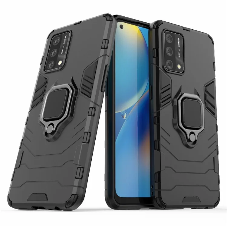 Kickstand Design Cool Guard PC + TPU Hybrid Phone Cover Case for Oppo A74 4G - Black