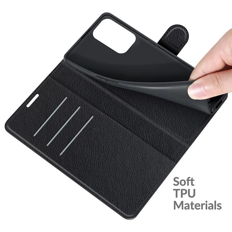Wallet Design Litchi Texture Leather Phone Case Folio Flip Cover with Stand for Oppo A94 5G - Black
