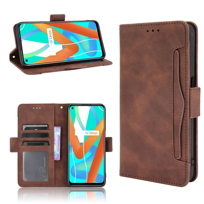 Multiple Card Slots Design Wallet Stand Leather Phone Case for Realme 8 5G/V13 5G/Narzo 30 5G - Brown